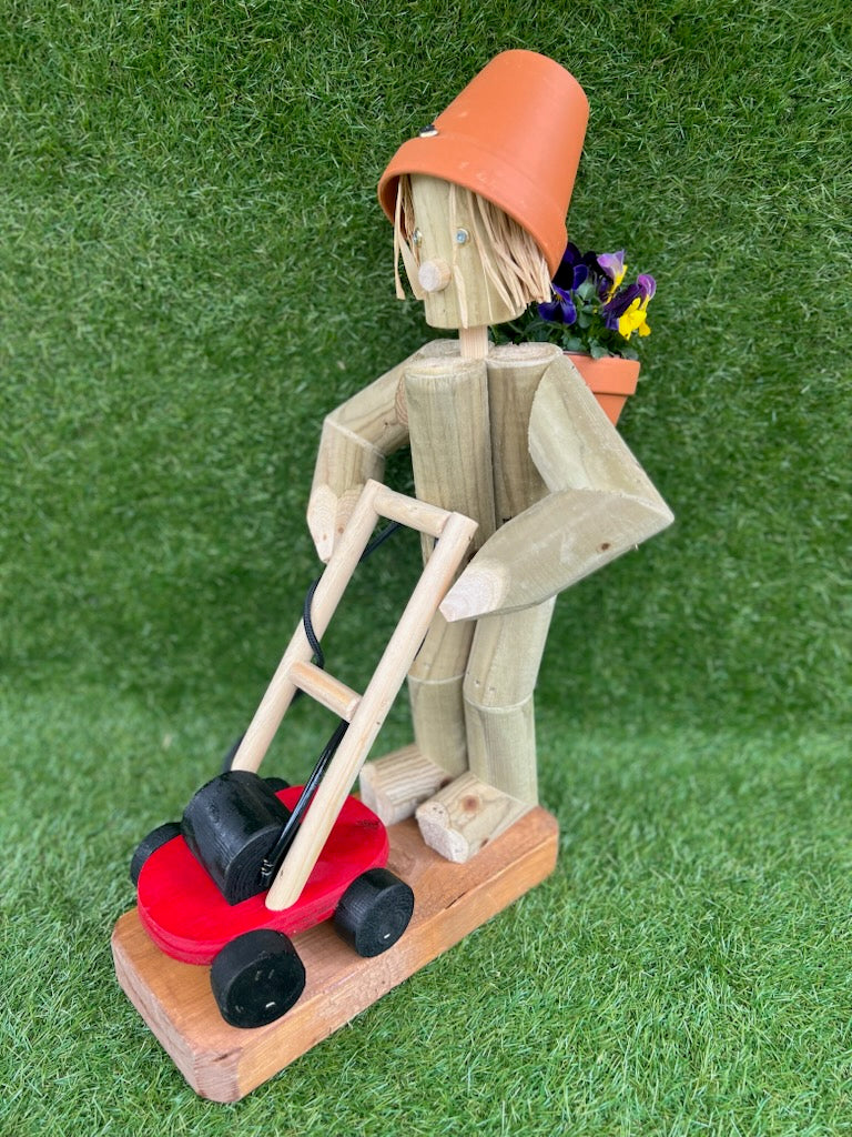 Wooden Garden Lawn Mower Ornament - Girl or Boy | With or Without Solar Lamp