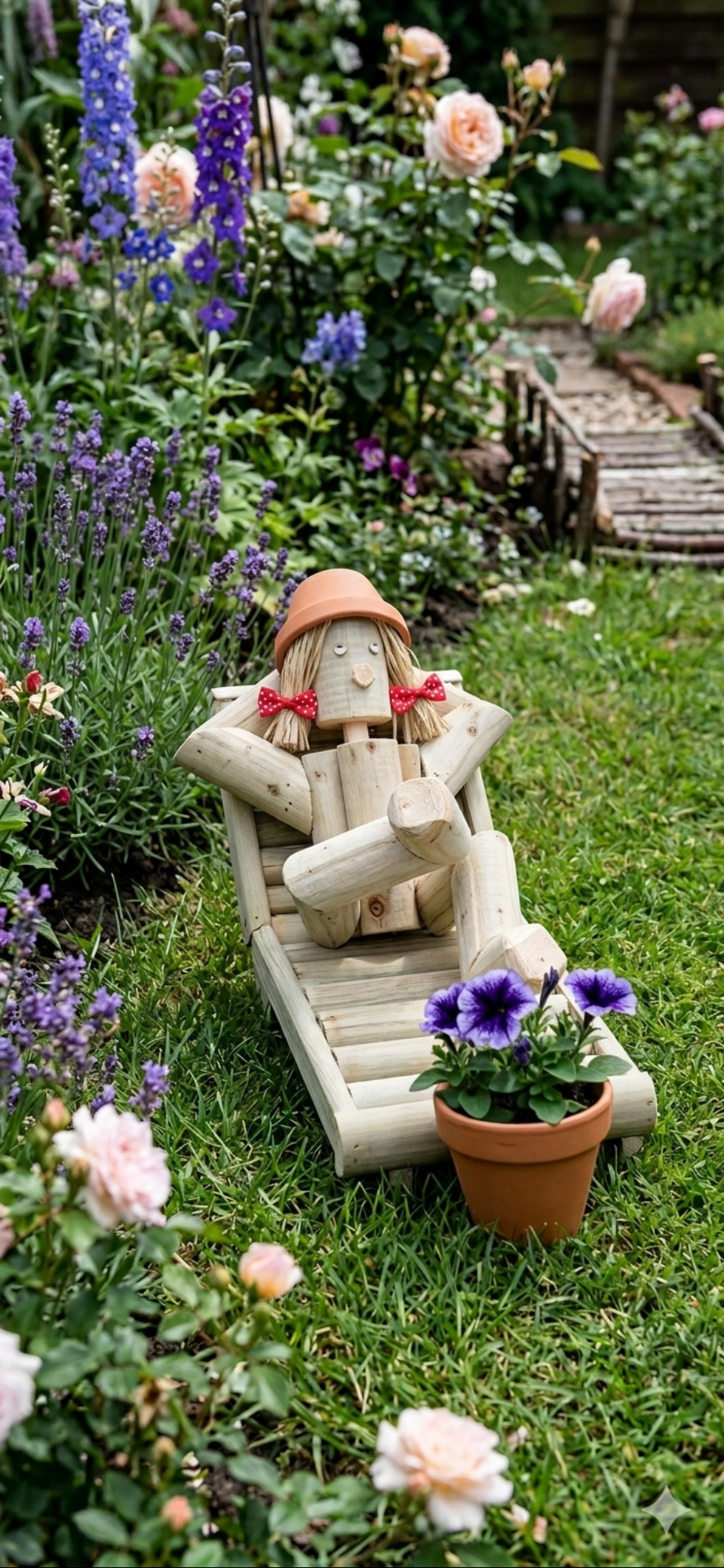 Wooden Girl or Boy on Sun Lounger – With or Without Solar Lamp