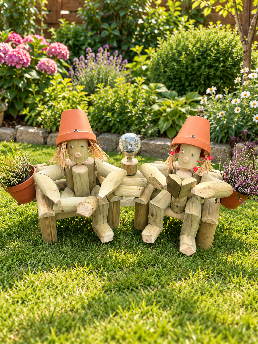 Wooden Flowerpot Boy and Girl on Garden Chairs with Solar Light – Girl Reading a Book