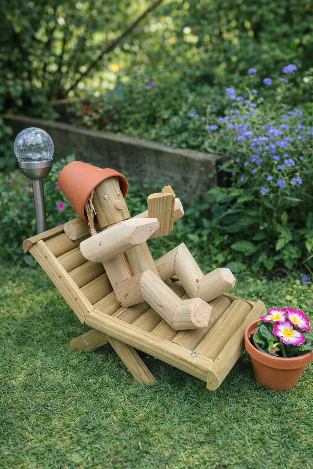 Wooden Girl or Boy Reading a Book on Deckchair – With or Without Solar Lamp
