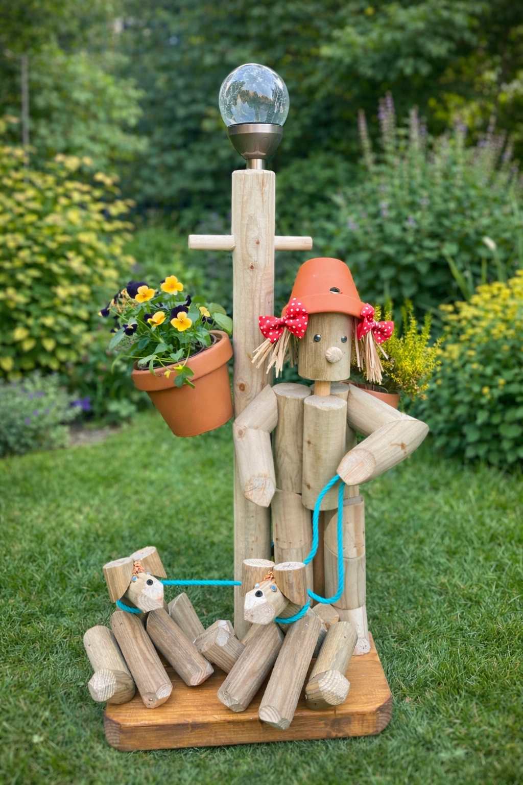 Boy or Girl stander with their two dogs&solar light
