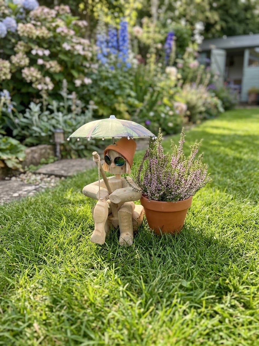 Handmade Wooden Fisherman with Parasol and Sunglasses