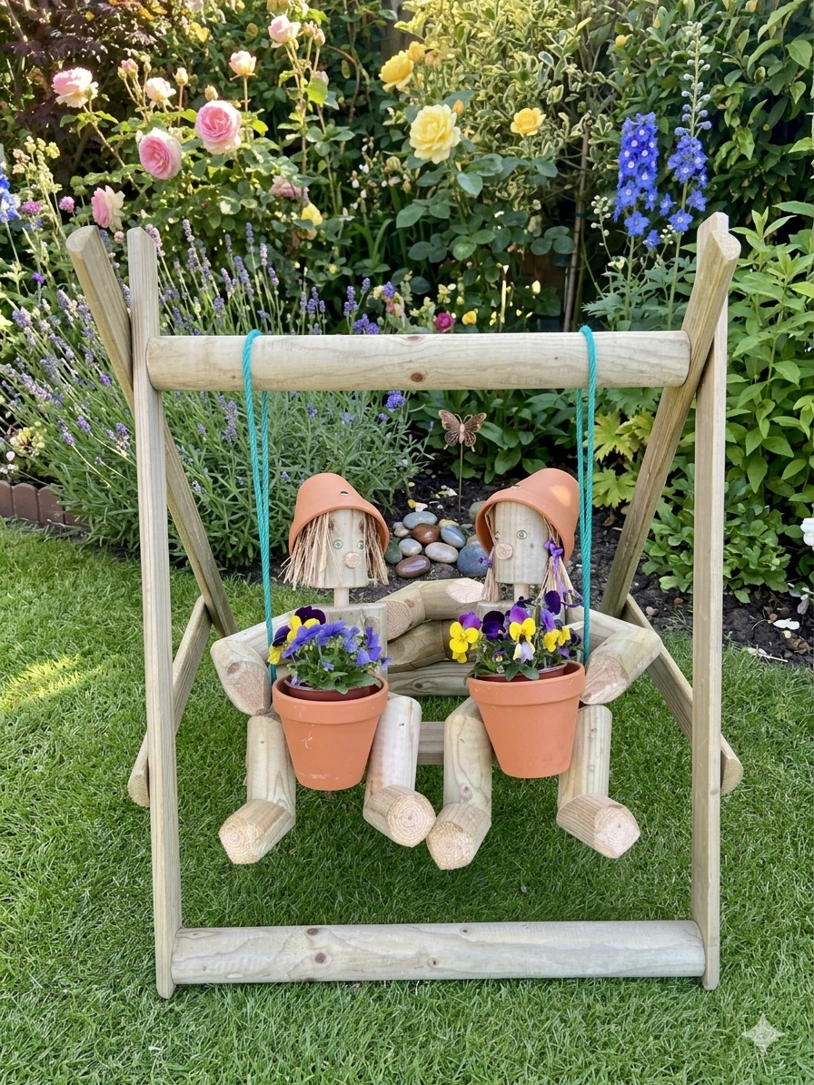 Garden Couple on Swing - Wooden Ornament (Solar Lamp Option Available)