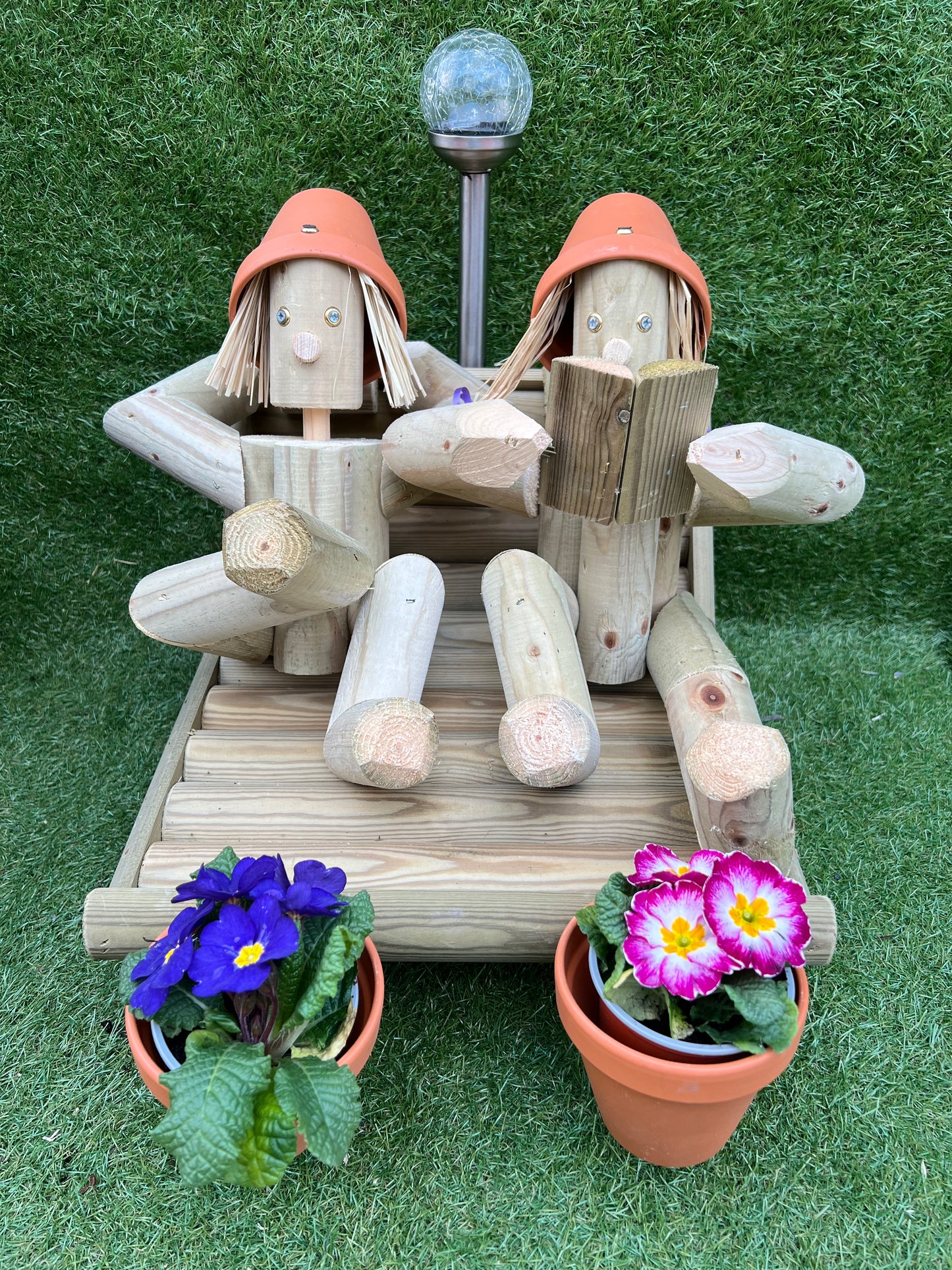Garden Couple on Deckchair – Wooden Flowerpot Ornament (Solar Option Available)